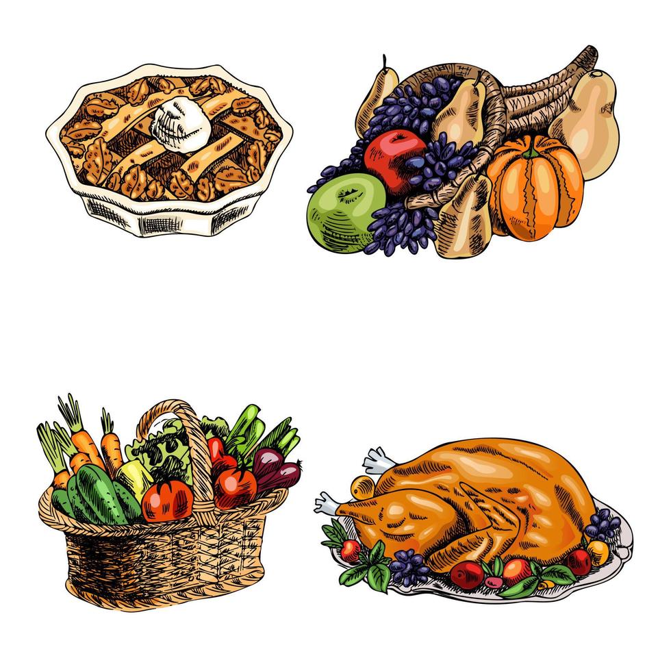 ein handgezeichnetes Set von Thanksgiving- und Weihnachtsgerichten, gebackenem Truthahn, Füllhorn, Gemüsekorb, Apfelkuchen. Vintage Tuschezeichnungen. Vektorillustration für Etiketten und Postkarten. vektor