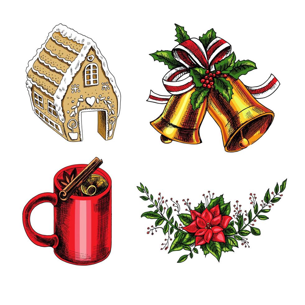 handgezeichnete Weihnachtsglocken mit einem Band, Blättern und Beeren auf einem weißen Hintergrund. eine handgezeichnete Skizze eines eleganten Zweiges mit Beeren und Weihnachtsstern, Glühwein und Lebkuchenhaus. vektor