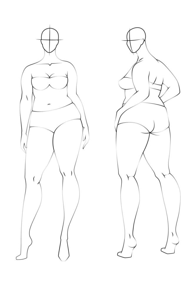 plus size 10 huvuden modefigurmallar. överdriven croquis för modedesign och illustration. vektor illustration