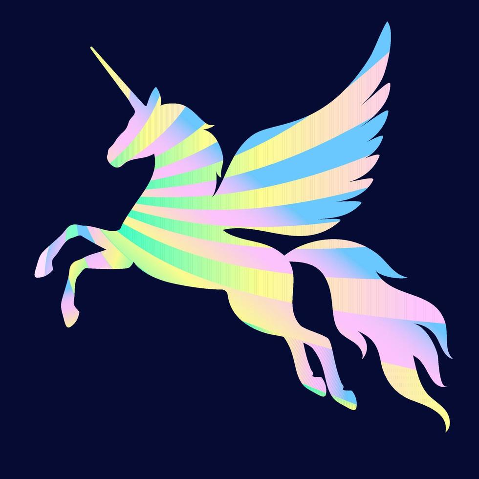 Silhouette eines mehrfarbigen fliegenden Einhorns. Regenbogen-Silhouette eines Pegasus auf weißem Hintergrund. Element zum Erstellen von Design und Dekor, isoliert von einem dunklen Hintergrund. vektor