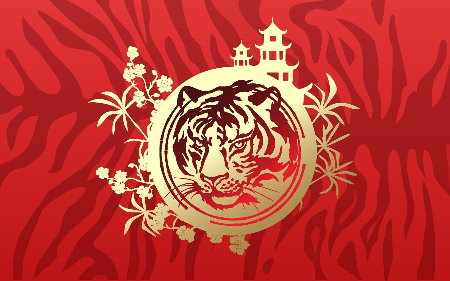 Tigerkopf mit Gold auf rotem Grund einer chinesischen Pagode, Bambus, Sakura und eines Fächers. Frohes chinesisches neues Jahr 2022. vektor