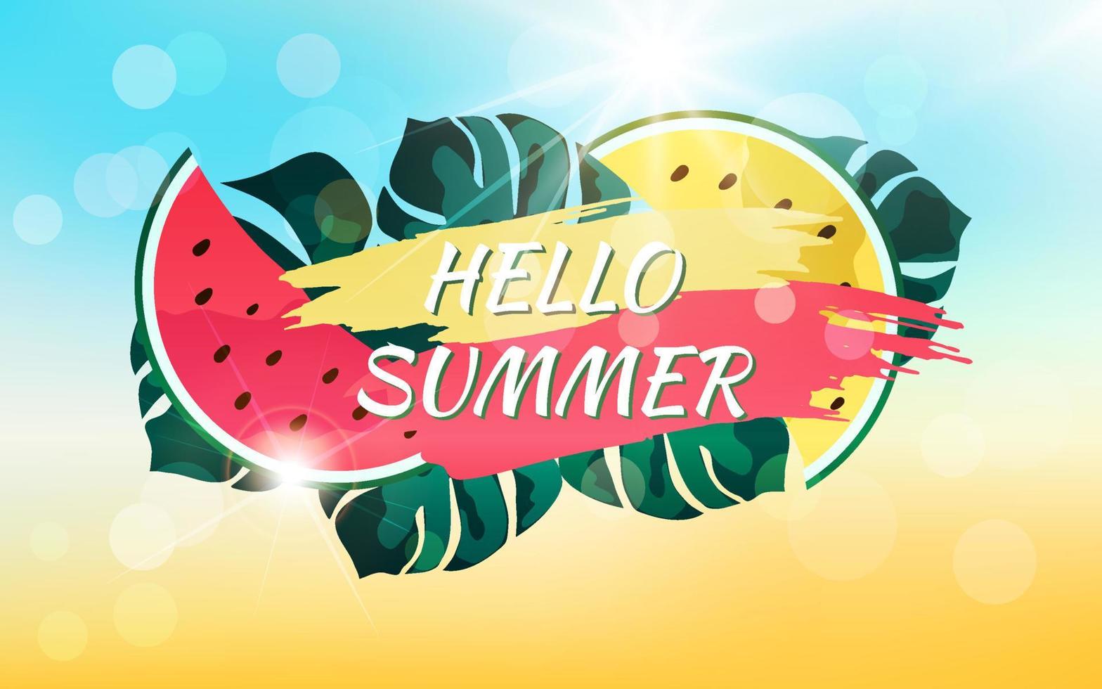 abstrakter Sommerhintergrund mit Sonnenstrahlen, Bokeh-Effekt und Text. Hallo Sommer. Illustration von Monstera-Blättern, Wassermelonenscheiben, Wolken und Himmel mit strahlender Sonne. vektor