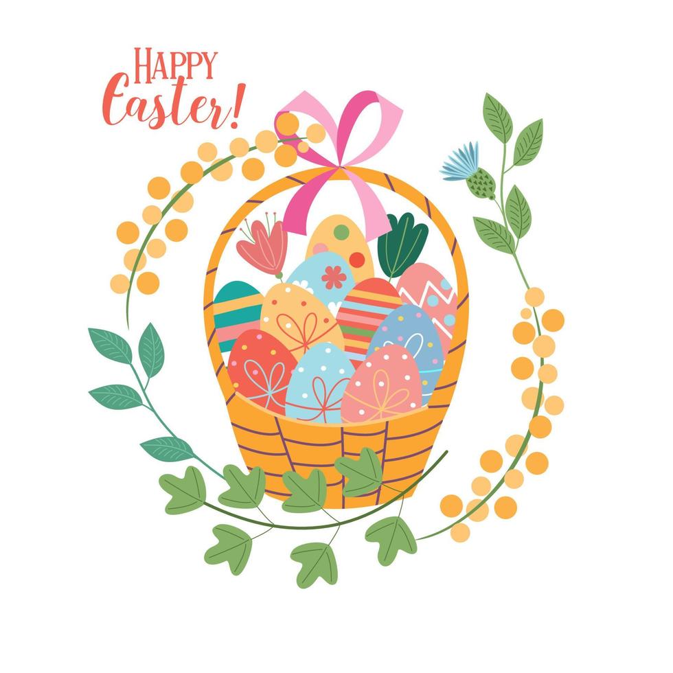 Frohe Ostern. ein Korb mit bemalten Eiern. Vektor-Illustration. vektor
