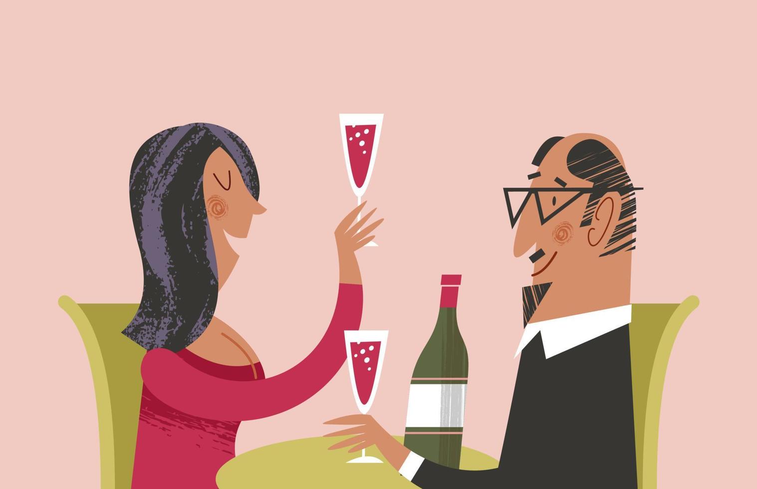 Date eines verliebten Paares. Abendessen mit Wein. stilvolle rosa rote Illustration im flachen Stil mit strukturiertem. vektor