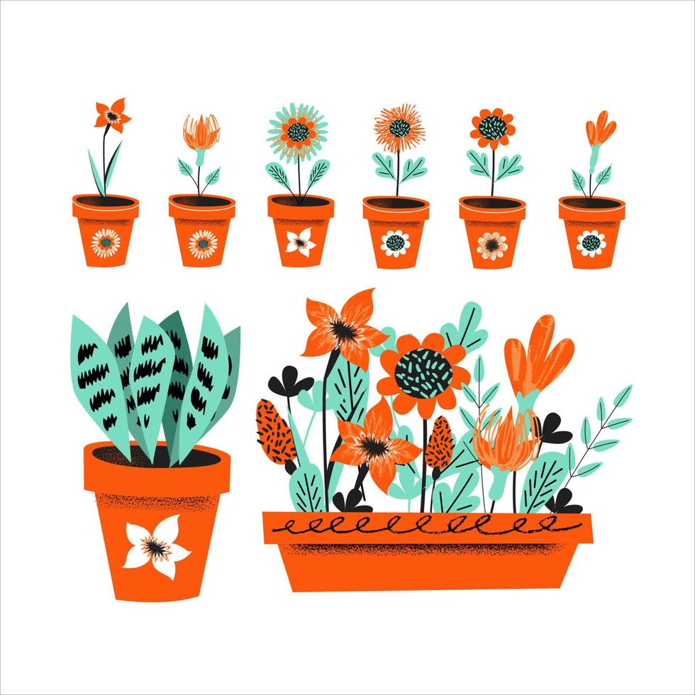 Gartenarbeit. Blumenzucht. Topfset mit Blumen. Vektor-Illustration auf weißem Hintergrund. vektor