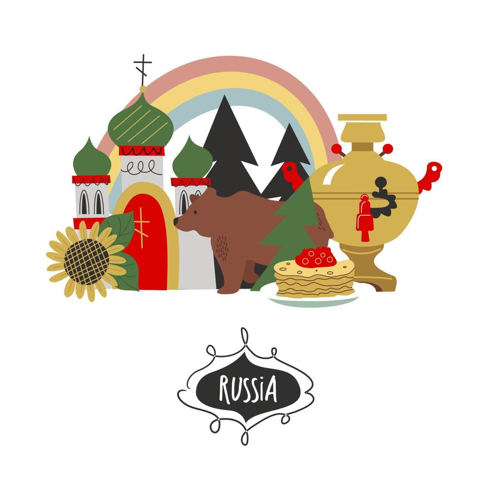 Ryssland. Rysslands sevärdheter och symboler för landet. vektor illustration. en uppsättning element för att skapa din design