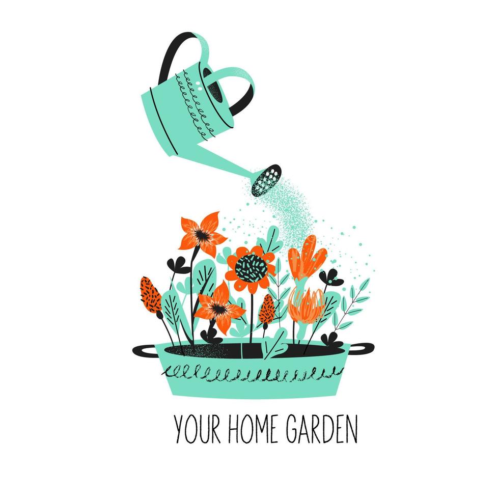 Blumenzucht. verschiedene Gartenblumen in einem großen Becken. Gartengießkanne Blumen gießen. Vektor-Illustration. vektor