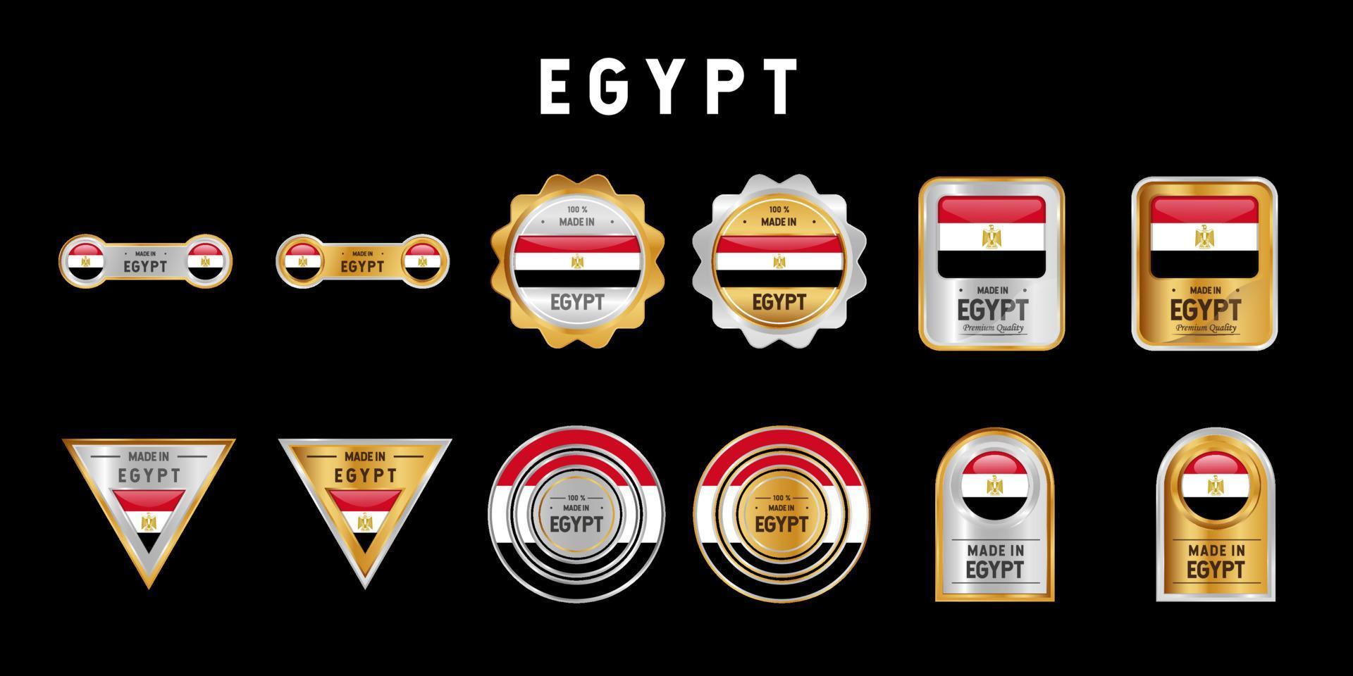 tillverkad i egyptisk etikett, stämpel, märke eller logotyp. med Egyptens nationella flagga. på platina, guld och silverfärger. premium- och lyxemblem vektor