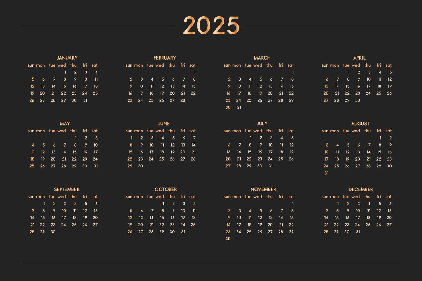 2025 kalender för anteckningsbok för personlig planerare, guld på svart lyxig stil. horisontellt liggande format. veckan börjar på söndag vektor
