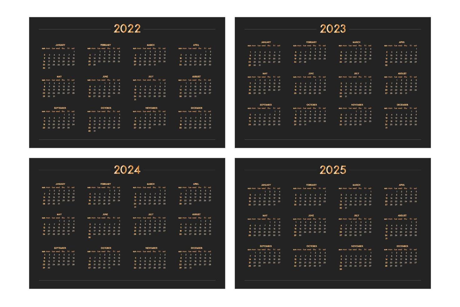 2022 2023 2024 2025 kalender för anteckningsbok för personlig planerare, guld på svart lyxig stil. horisontellt liggande format. veckan börjar på söndag vektor