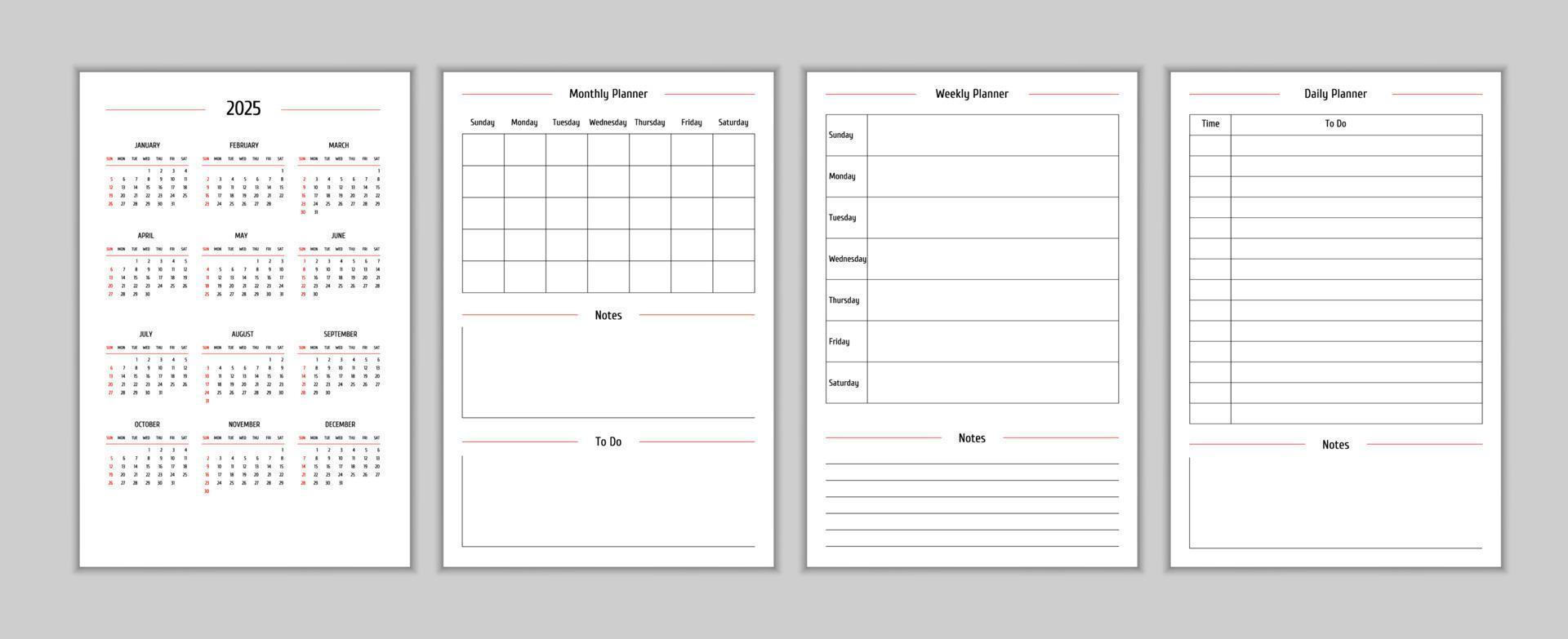 2025-Kalender und täglich wöchentliche monatliche persönliche Planer-Tagebuchvorlage im klassischen, strengen Stil. vektor