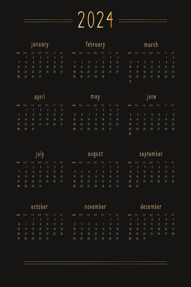 2022 2023 2024 2025 Kalender für persönliches Planer-Tagebuch, Gold auf schwarzem Luxus-Stil. vertikales Hochformat. Woche beginnt am Sonntag vektor