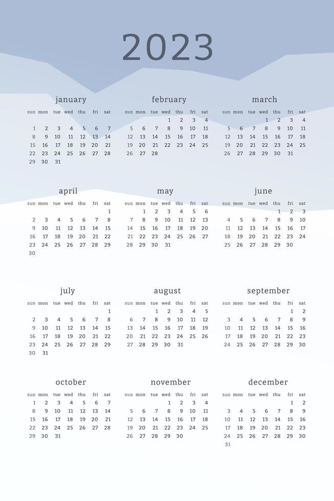 vertikal blå kalender för 2023 år. berg silhuetter abstrakt gradient färgglad bakgrund. kalenderdesign för tryckt och digitalt. veckan börjar på söndag vektor