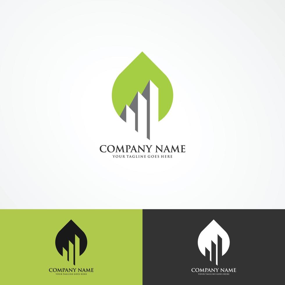 gröna hem kreativ symbol layout. drömlägenheter business logo design vektor koncept. bladform med byggnader i negativt utrymme. fastighetsbyrå grafisk idé.