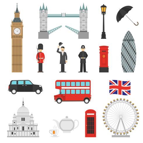 London Sehenswürdigkeiten flache Icons Set vektor