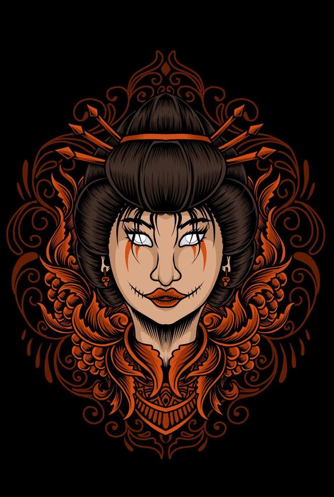 Illustration Baddass Geisha Frau mit Gravur Ornament vektor