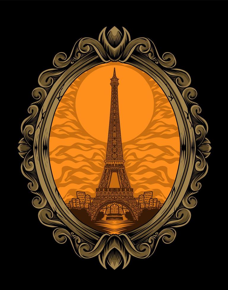 illustration Eiffeltornet byggnadens med vintage gravyr prydnad vektor