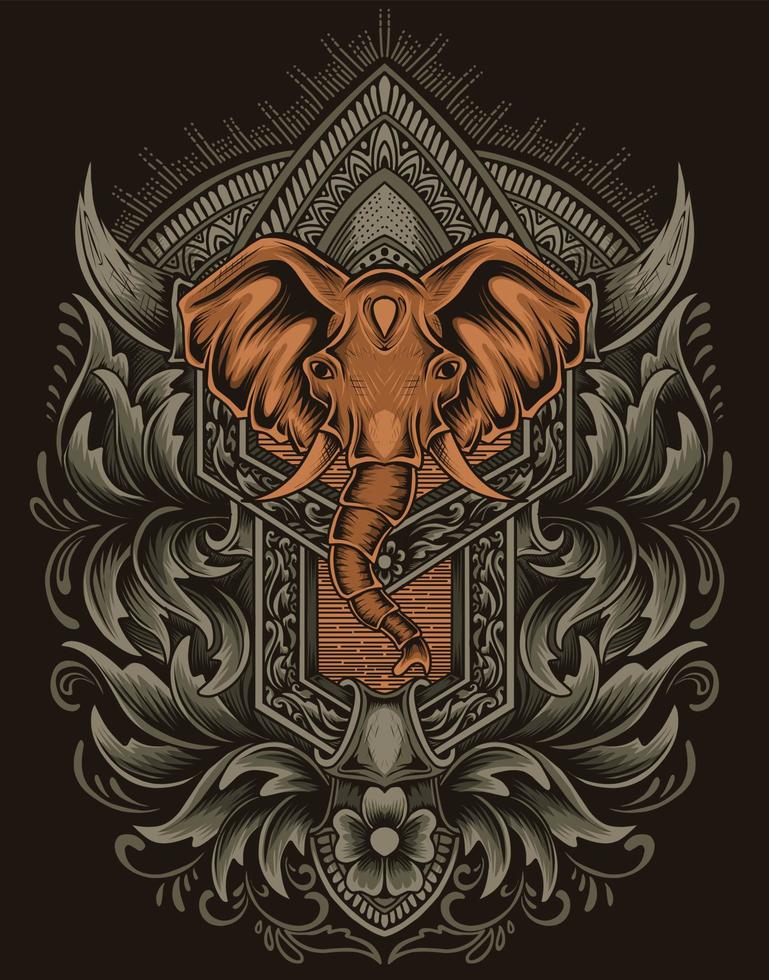 illustration elefanthuvud med vintage gravyrprydnad vektor