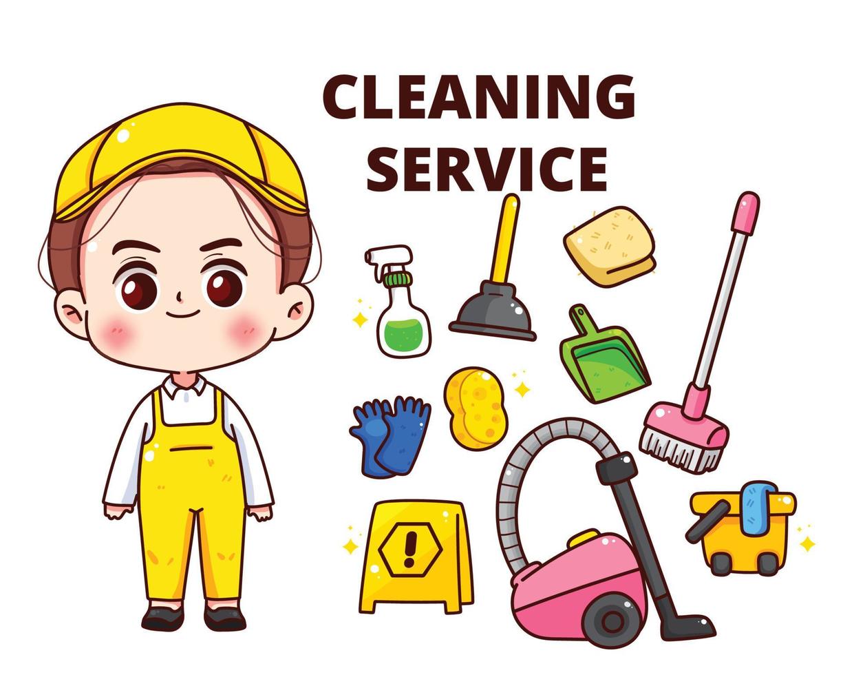 Reinigungsservice Ausrüstung sauberer Arbeiter Charakter Konzept Cartoon handgezeichnete Cartoon-Kunst-Illustration vektor
