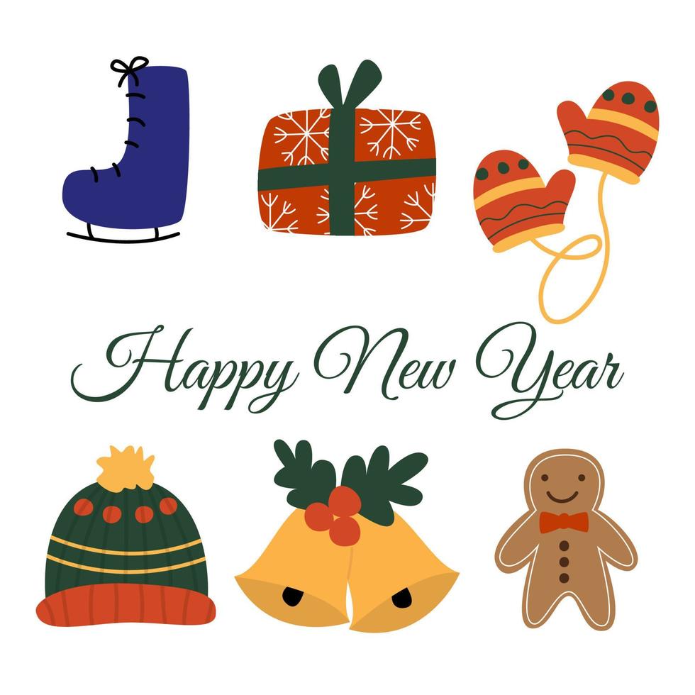 vektor uppsättning jultillbehör som vantar, mössa, present. platt illustration på vit bakgrund för gott nytt år