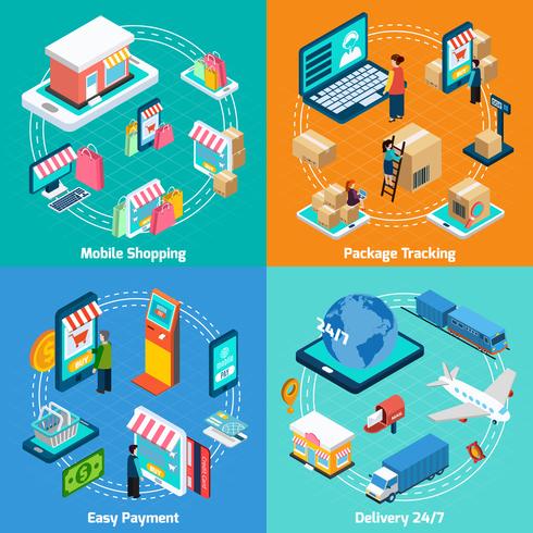 Mobile Shopping Isometric 2x2 Ikoner Set vektor