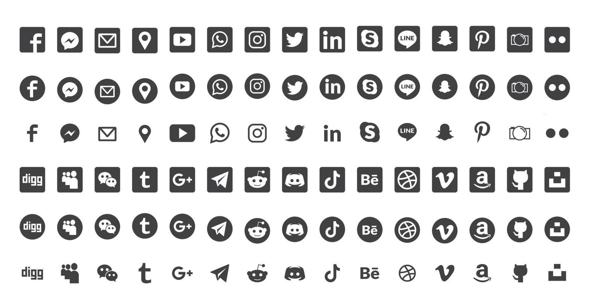 Social-Media-Logo-Set. facebook instagram twitter youtube snapchat whatsap pinterest linkedin vimeo tiktok periskop logo set. Symbol für soziale Netzwerke vektor