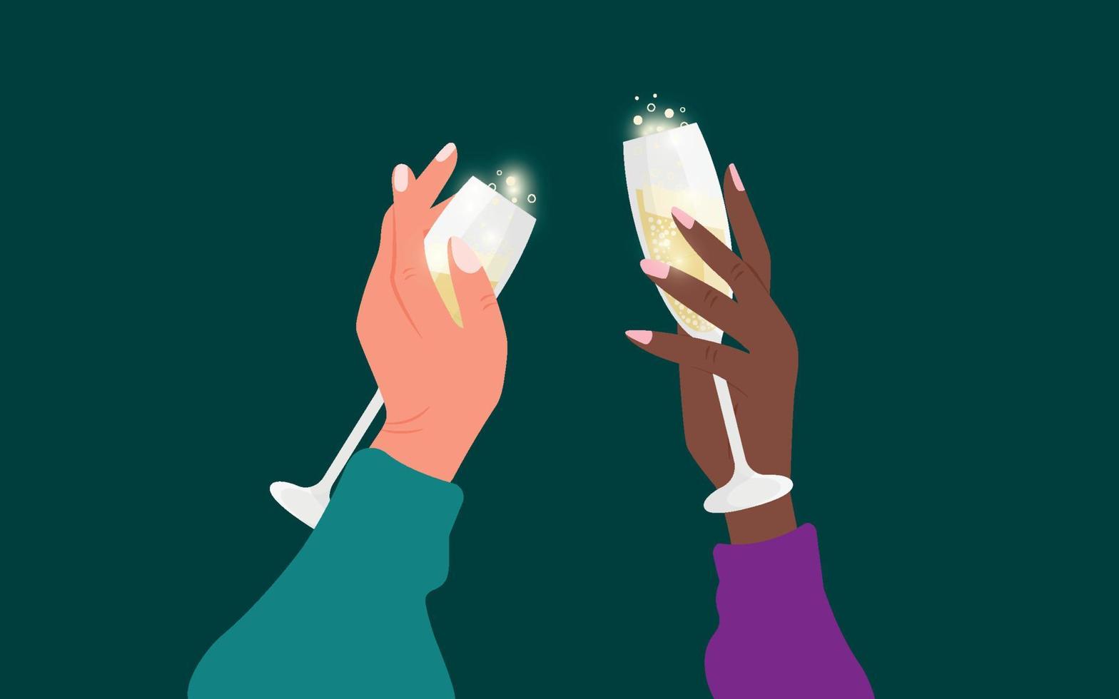 festlig illustration av två kvinnliga händer som håller champagneglas. vektor illustration