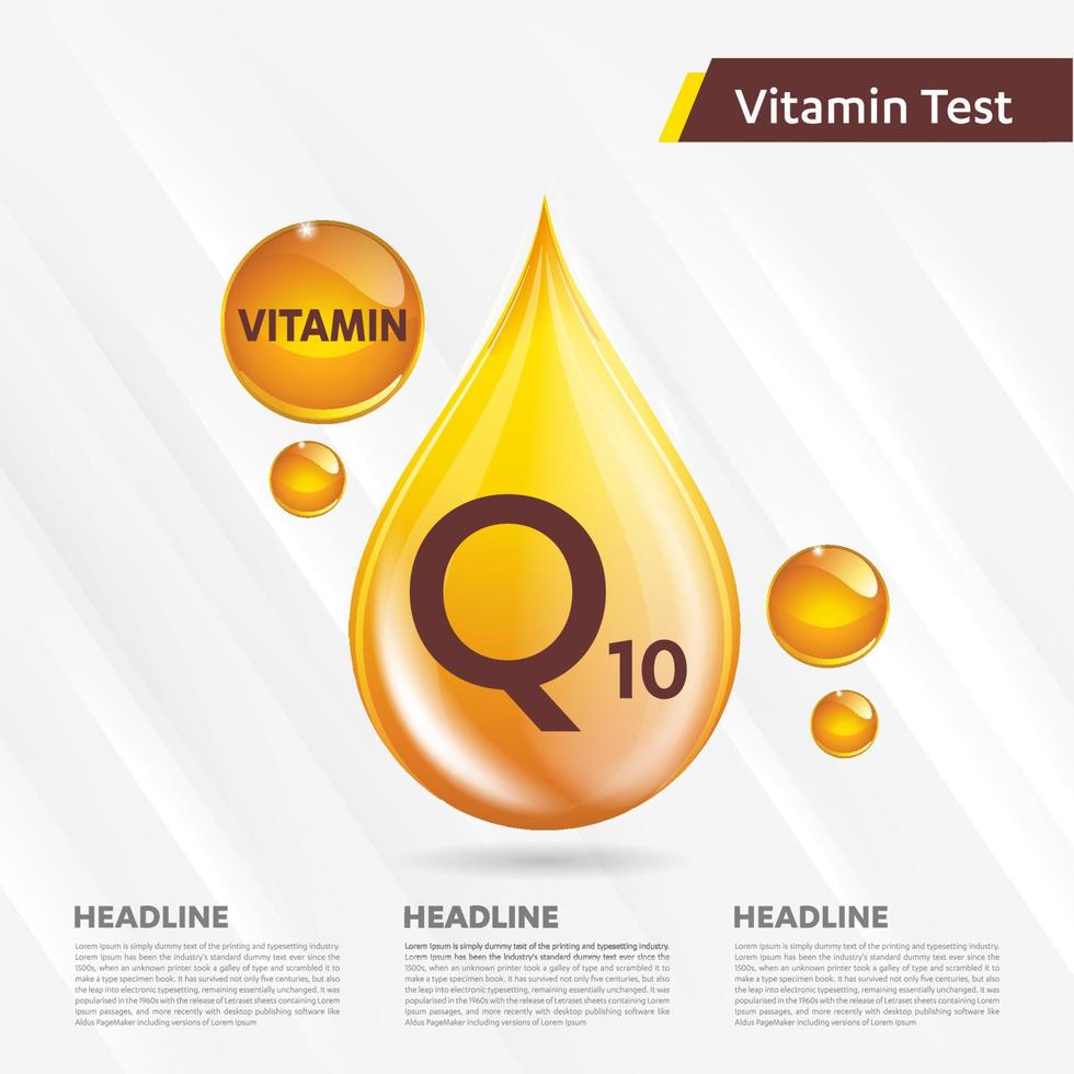 vitamin q10 sol ikon samling set, kropp kolekalciferol. gyllene droppe vitamin komplex droppe. medicinsk för heath vektorillustration vektor