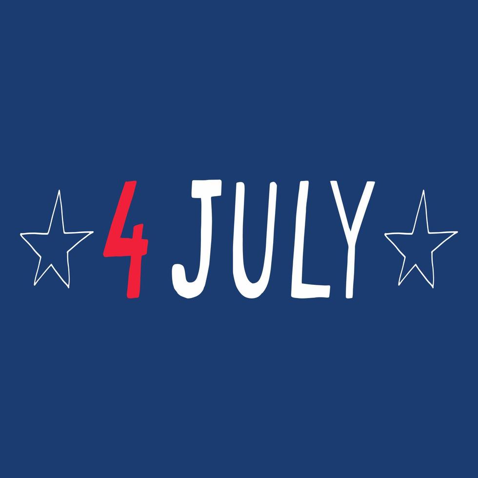 4 juli bokstäver och stjärnor vykort mall, banner. handritad doodle stil. minimalism. röd, vit, blå. semester, oss självständighetsdag vektor