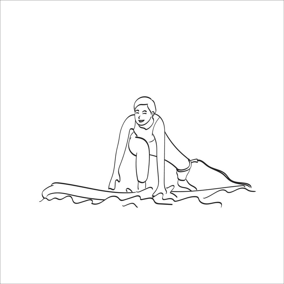 Linie Kunst junge Frau Surfen auf dem Meer Illustration Vektor Hand gezeichnet isoliert auf weißem Hintergrund
