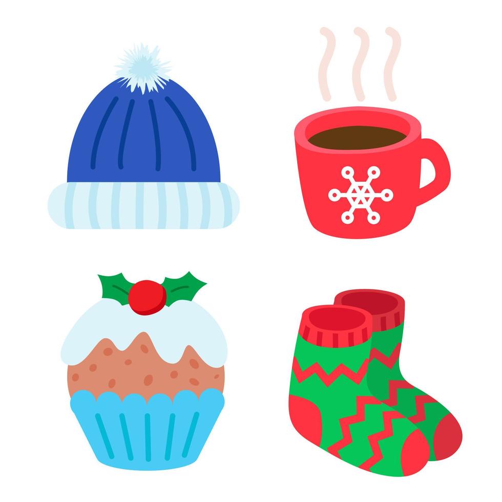 Satz von Winterurlaubselementen. frohe weihnachten und ein gutes neues jahr feiern. warme Mütze mit Pompon, Tasse mit heißem Kaffee, traditionellem Cupcake und warmen Socken. Vektorillustration im Cartoon-Stil vektor
