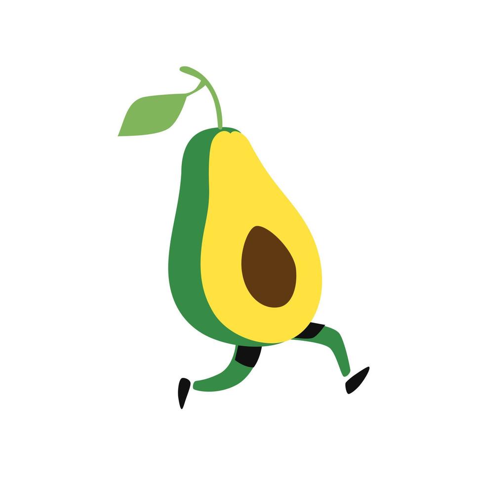 Illustration einer laufenden Avocado. Vektor. Symbol für leckere grüne Früchte. flacher Cartoon-Stil. Lieferservice-Logo. Emblem für Öko-Produkte-Shop. vektor