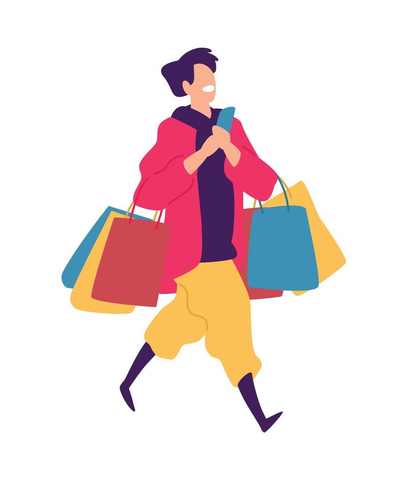 illustration av en ung kille med inköp. vektor. positiv platt illustration i tecknad stil. rabatter och reor. shopaholic shopping. en ung man pratar i telefon och shoppar. vektor