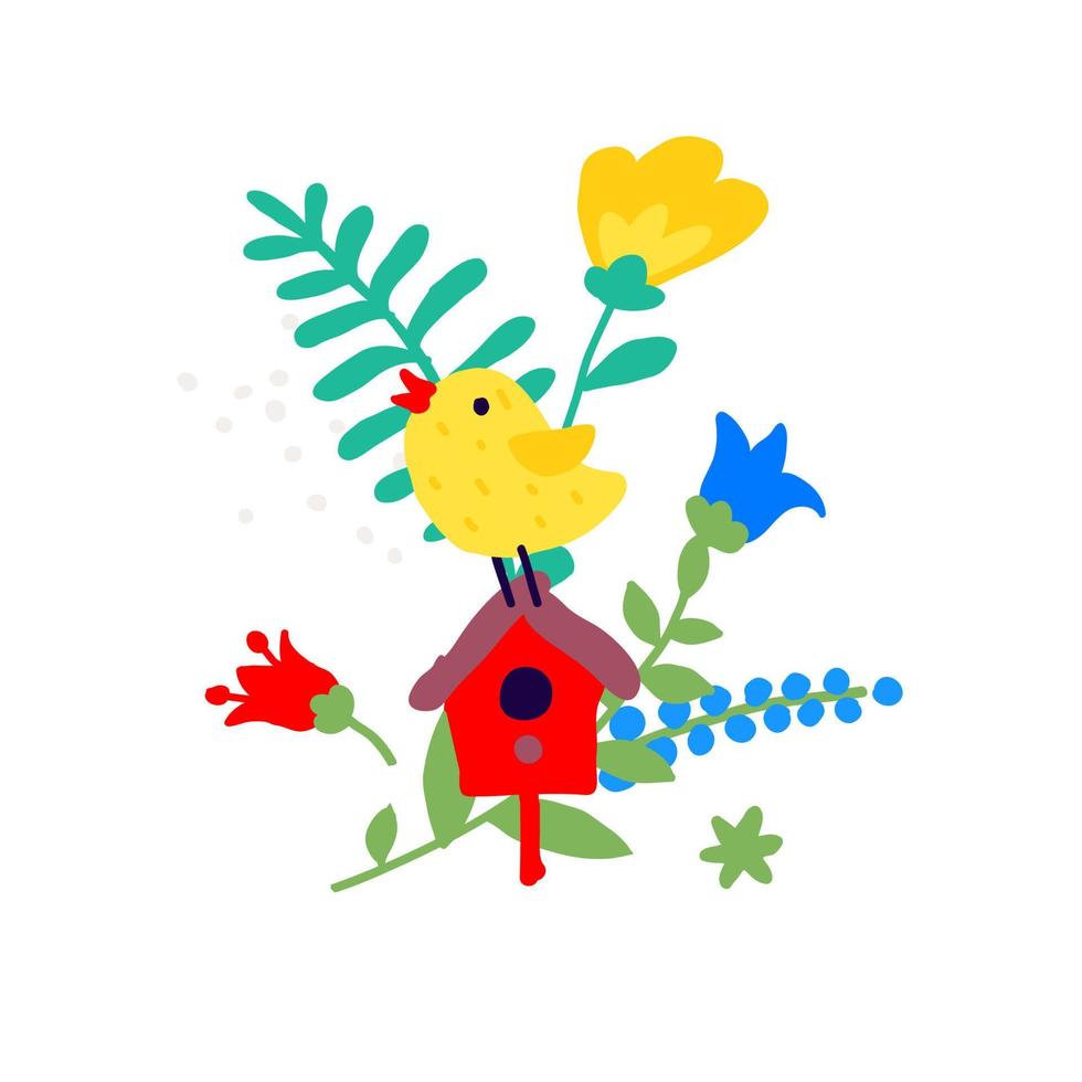 Abbildung eines Vogels auf einem Vogelhäuschen unter den Lichtern. Vektor. Ikebana-Blumenstrauß. Kinderkarikatur, Doodle-Stil. Illustration für Kindergarten oder Verein. Sommer, Frühling und positive Stimmung. vektor