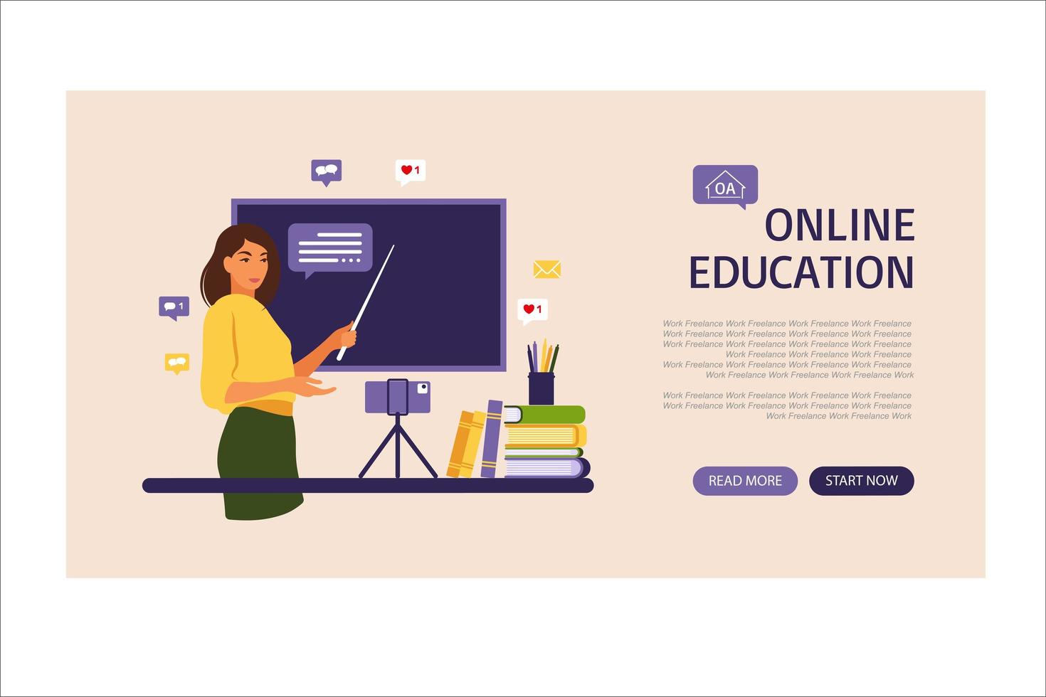 online-inlärningskoncept. online utbildning målsida. lärare på svarta tavlan, videolektion. distansstudie i skolan. vektor illustration. platt stil.