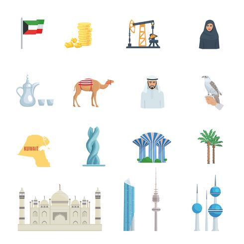 Kuwait kultur platt ikonuppsättning vektor