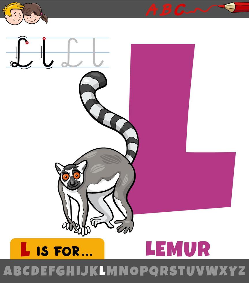 Buchstabe l aus dem Alphabet mit Cartoon-Lemur-Tiercharakter vektor