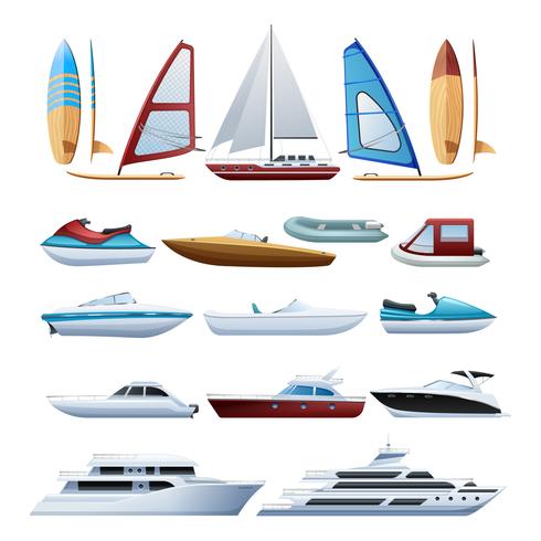 Boote und Windsurfer Flat Icons Set vektor