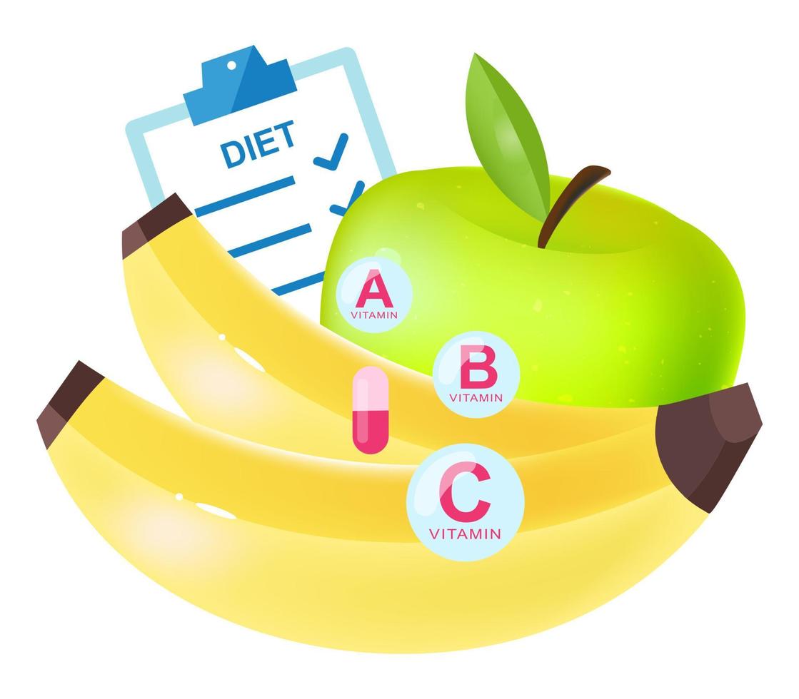 diätetische Ernährung flache Vektorgrafiken. Cartoon-Banane und grüner Apfel als wichtigste Vitaminquelle isoliert auf weißem Hintergrund. Hinzufügen von Nahrungsergänzungsmitteln, Pillen zu einem gesunden Lebensstil, Diätplan vektor