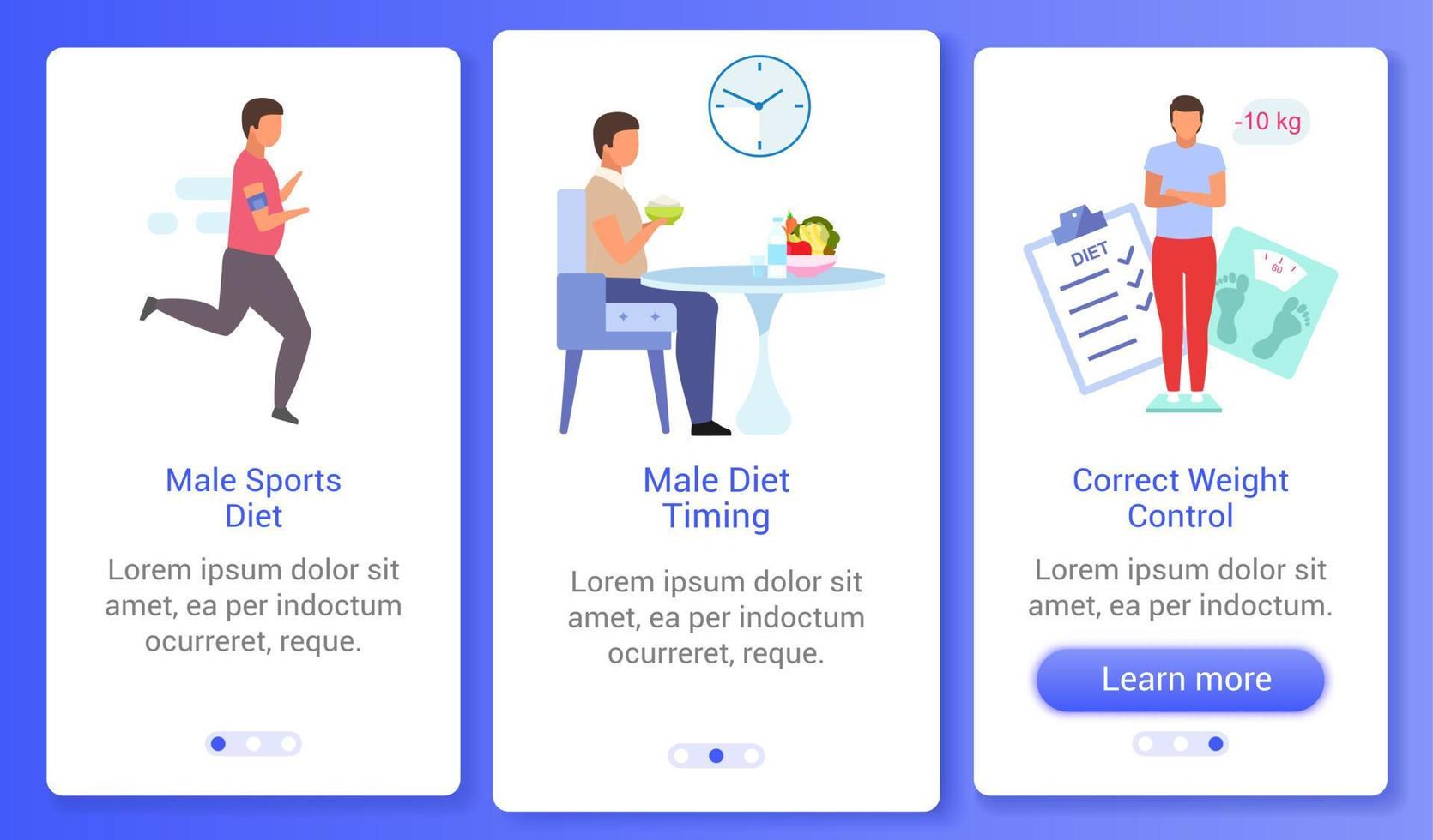 Mann gesunder Lebensstil beim Onboarding der mobilen App-Bildschirmvektorvorlage. diätetische Ernährung, Gewichtskontrolle Walkthrough-Website-Schritte mit flachen Zeichen. ux, ui, gui Smartphone-Cartoon-Schnittstellenkonzept vektor