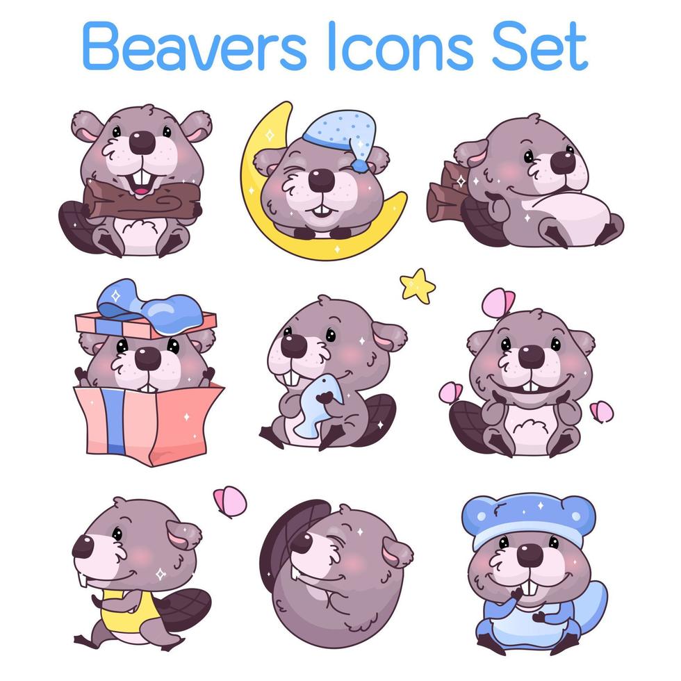 söta bävrar kawaii seriefigurer ikoner set. bedårande, glada och roliga djur i olika poser, känslor isolerade klistermärke, lapp. anime baby beavers vektor emoji på vit bakgrund