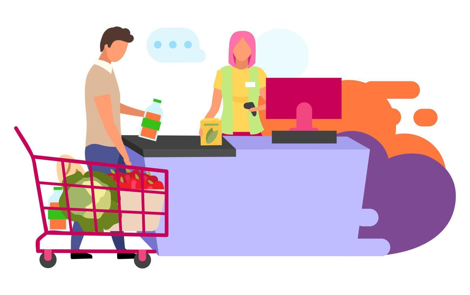 Einkaufen im Supermarkt flache Vektorgrafiken. Supermarkt Kassierer und Kunden Zeichentrickfiguren isoliert auf weißem Hintergrund. Einkauf von Lebensmitteln, Produkten. Einkäufe tätigen, Einkaufskonzept vektor