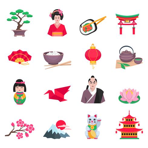 Japanska kultur symboler Flat ikoner Set vektor