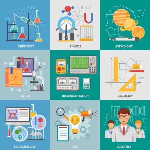 Flaches Ikonen-Quadrat der Wissenschaftsforschung 9 vektor