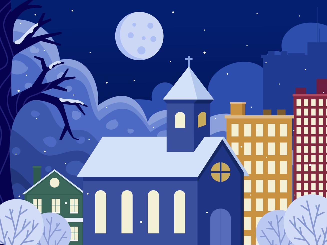 Winternachtweihnachtsszenenillustration mit Kirchen und hohem Gebäude in der Stadt. Weihnachtsstadt Stadtpanorama. kann für Grußkarten, Poster, Banner, Postkarten, Web, Print usw. verwendet werden. vektor