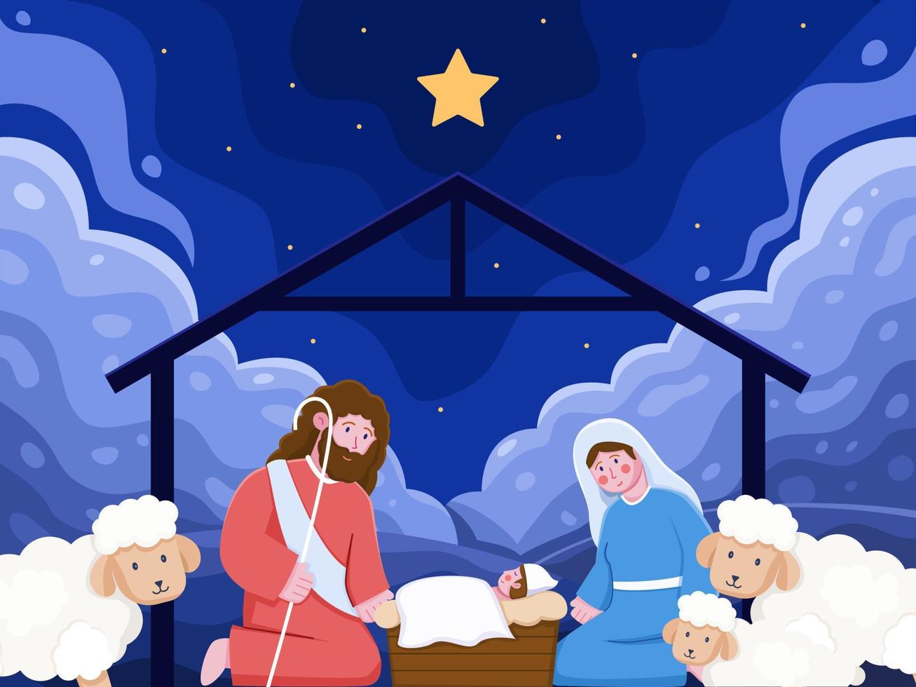 Cartoon Illustration Jesus Christus in einer Krippe mit Joseph und Maria in Begleitung und Schafen geboren. Jesuskind geboren in Bethlehem mit hellen Sternen. kann für Grußkarten, Postkarten, Einladungen, Banner verwendet werden. vektor