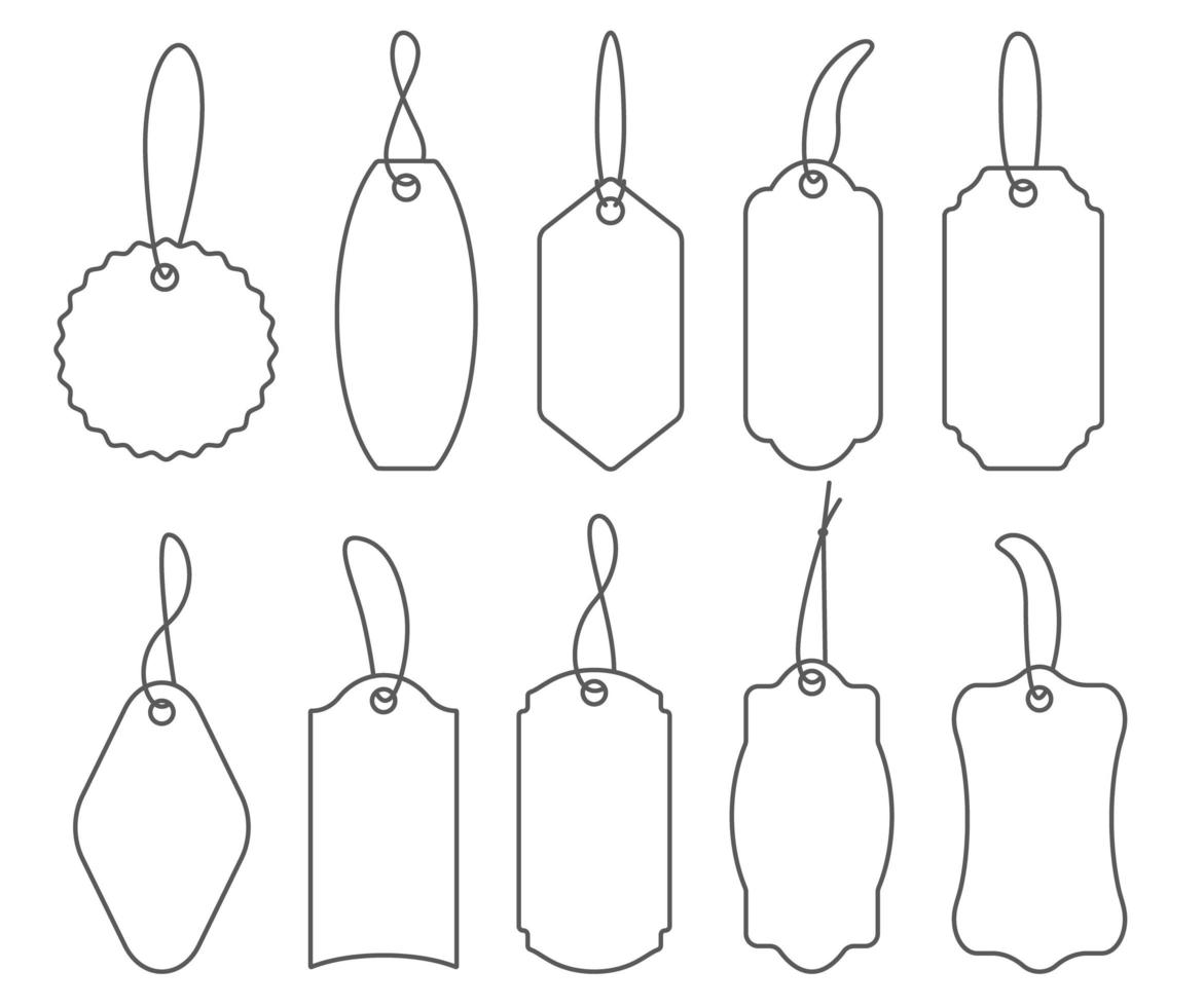 Preisschilder. Reihe von Symbolen zum Verkauf oder Gepäck. Vektor-Umriss-Vintage-Etiketten-Darstellung auf weißem Hintergrund vektor
