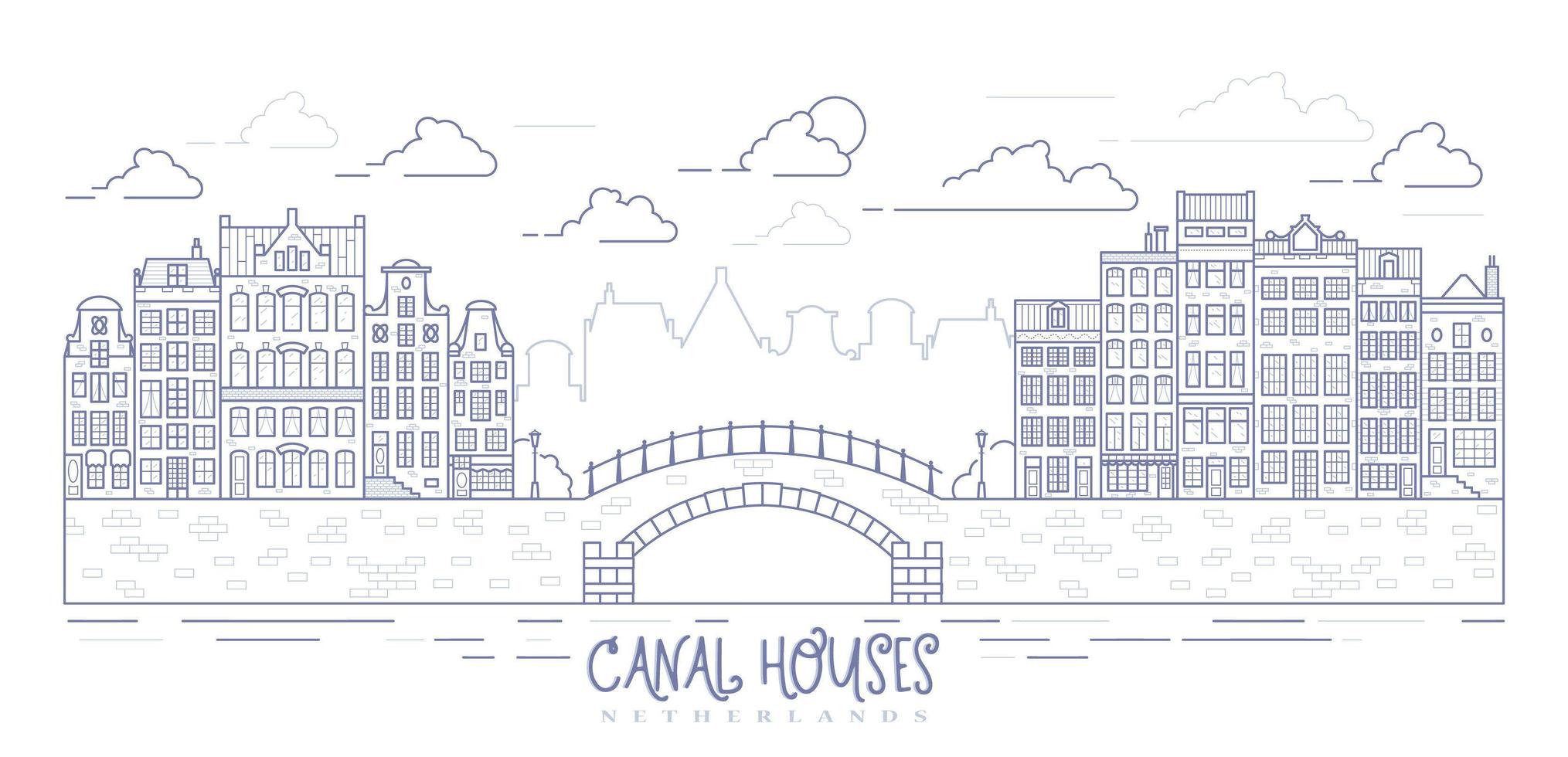 amsterdam gamla stil hus. typiska holländska kanalhem uppradade nära en kanal i Nederländerna. byggnad och fasader på bro. vektor kontur illustration.