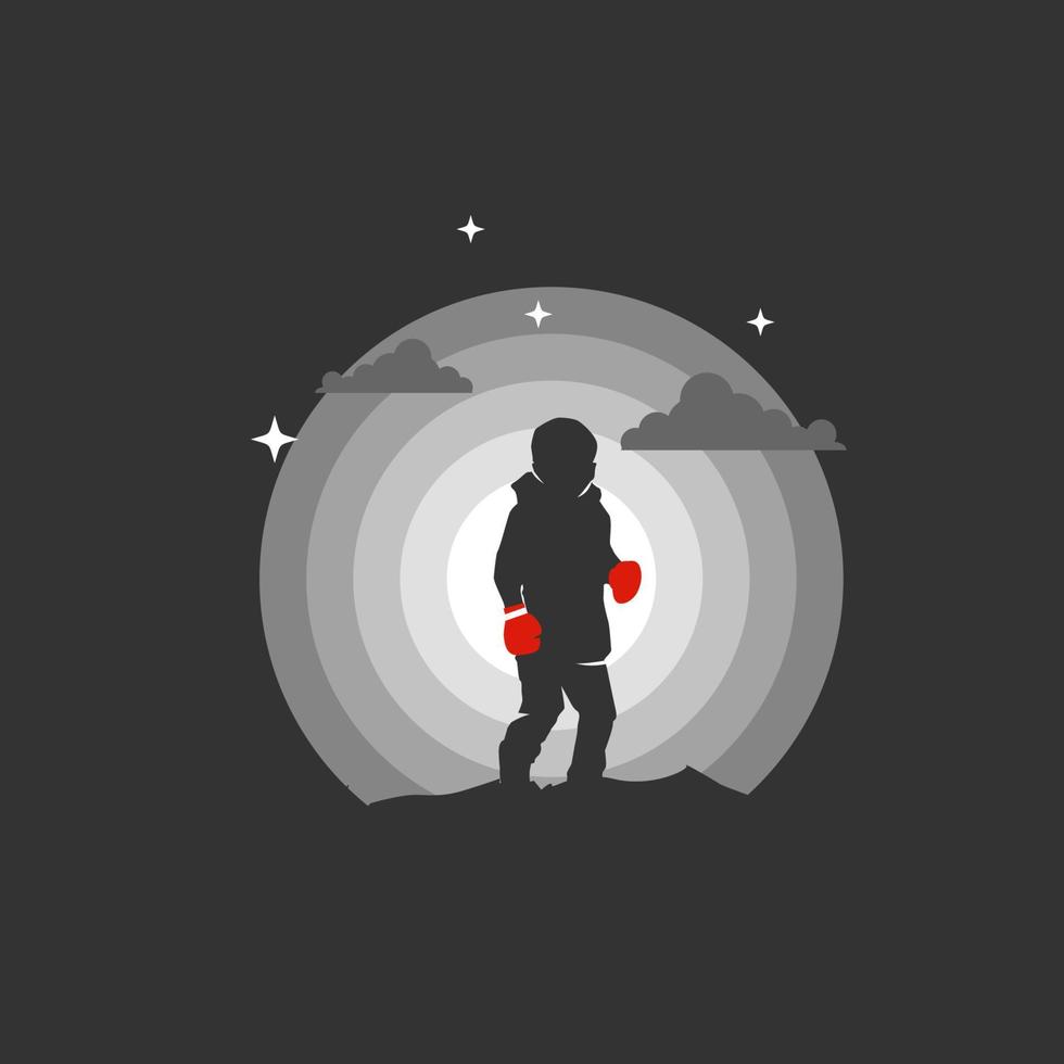 Kind mit roten Boxhandschuhen in der Nacht. Silhouette vektor