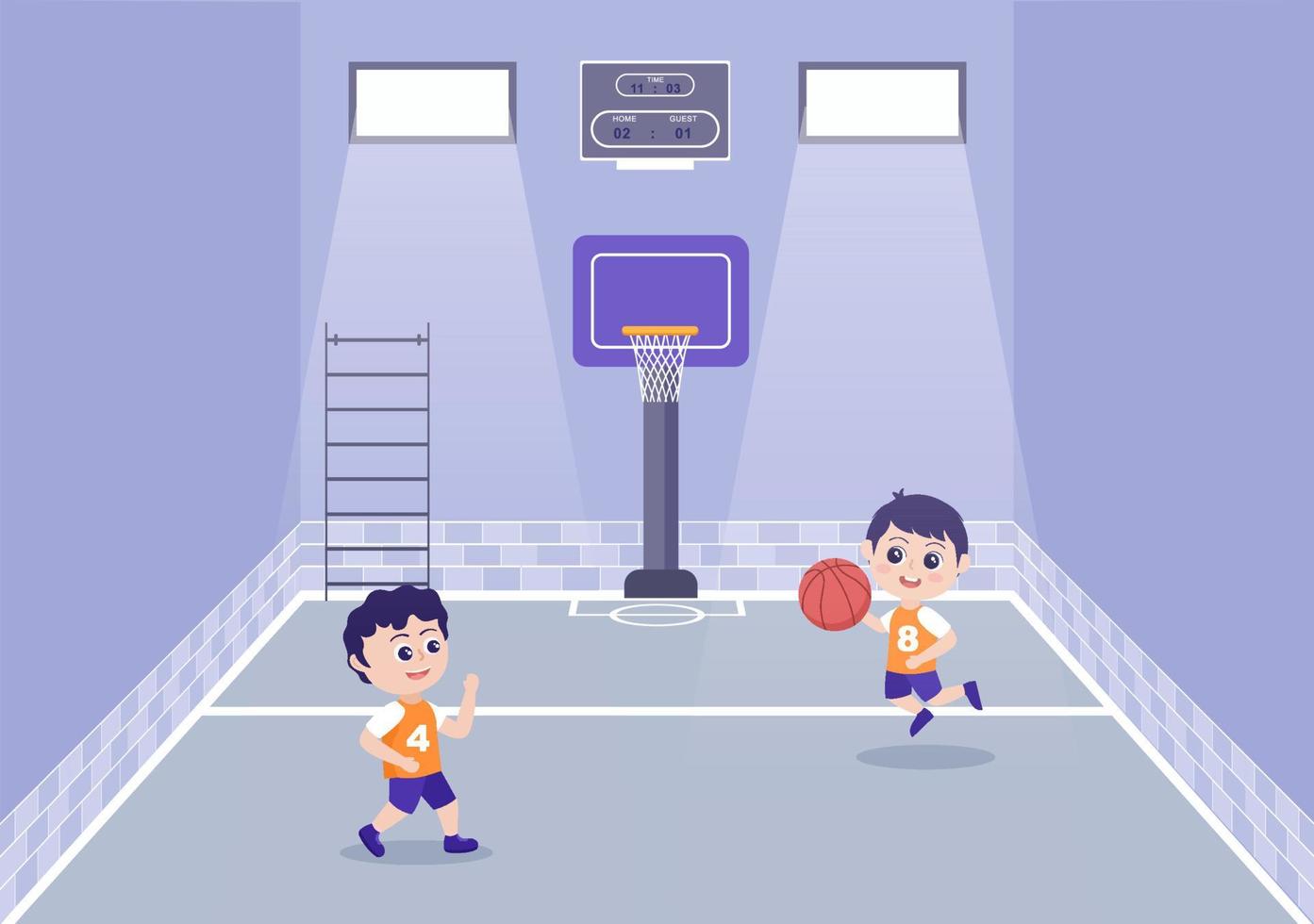 glückliche Kinderkarikatur, die Basketball flache Designillustration spielt, die Korbuniform im Außengericht für Hintergrund, Plakat oder Fahne trägt vektor